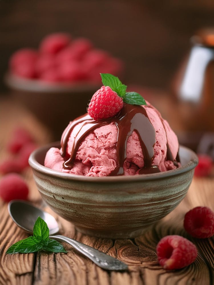 Ice Cream With Raspberries And Chocolate