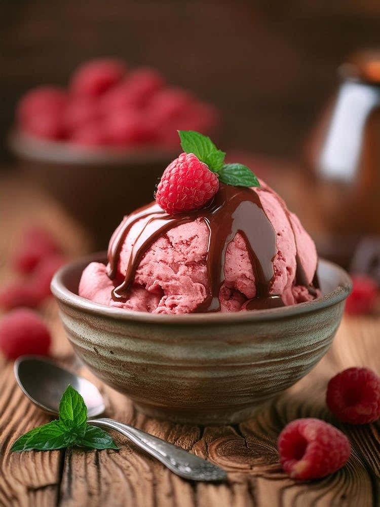 Ice Cream With Raspberries And Chocolate