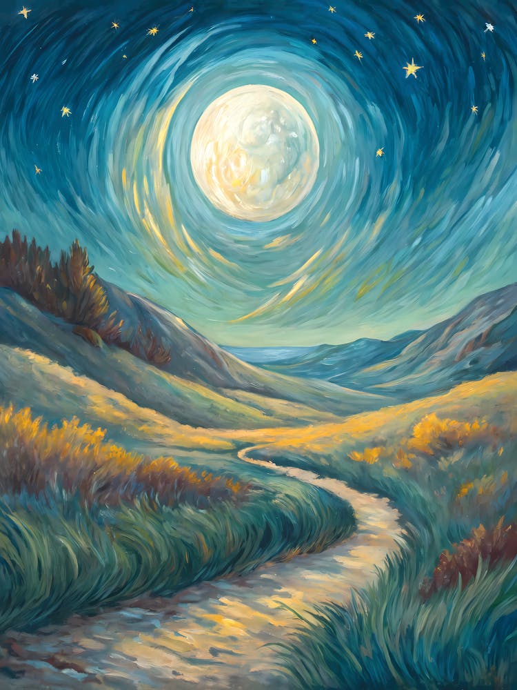 Van Gogh Moonlit Path Surreal Landscape & Swirling Sky