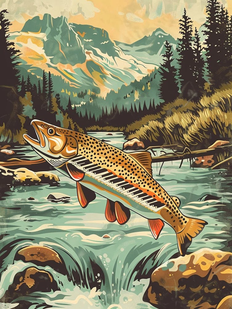 Fish With Piano Key Markings, Keytar National Park, Wpa Poster Style