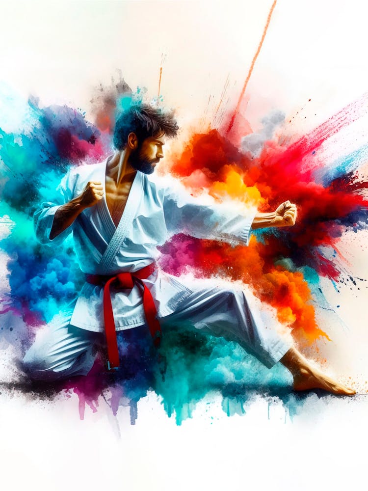 Karate Man With Colorful Paint Splashes