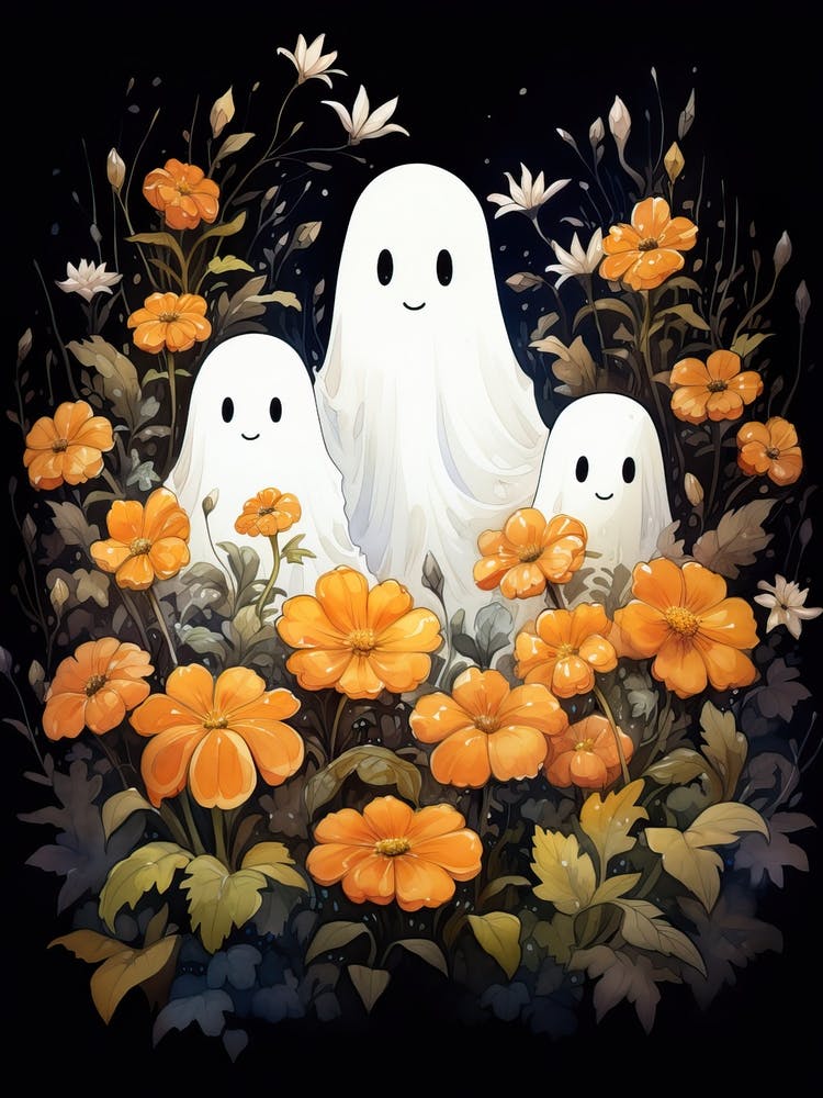Cute Bedsheet Ghost, Botanical Halloween Watercolour 13