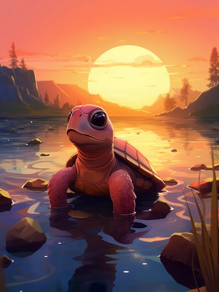 Baby Turtle With Sunset