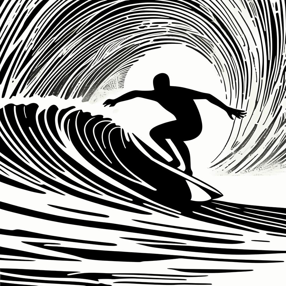 Linocut Black And White Surfer On A Wave art, surfing art, 261