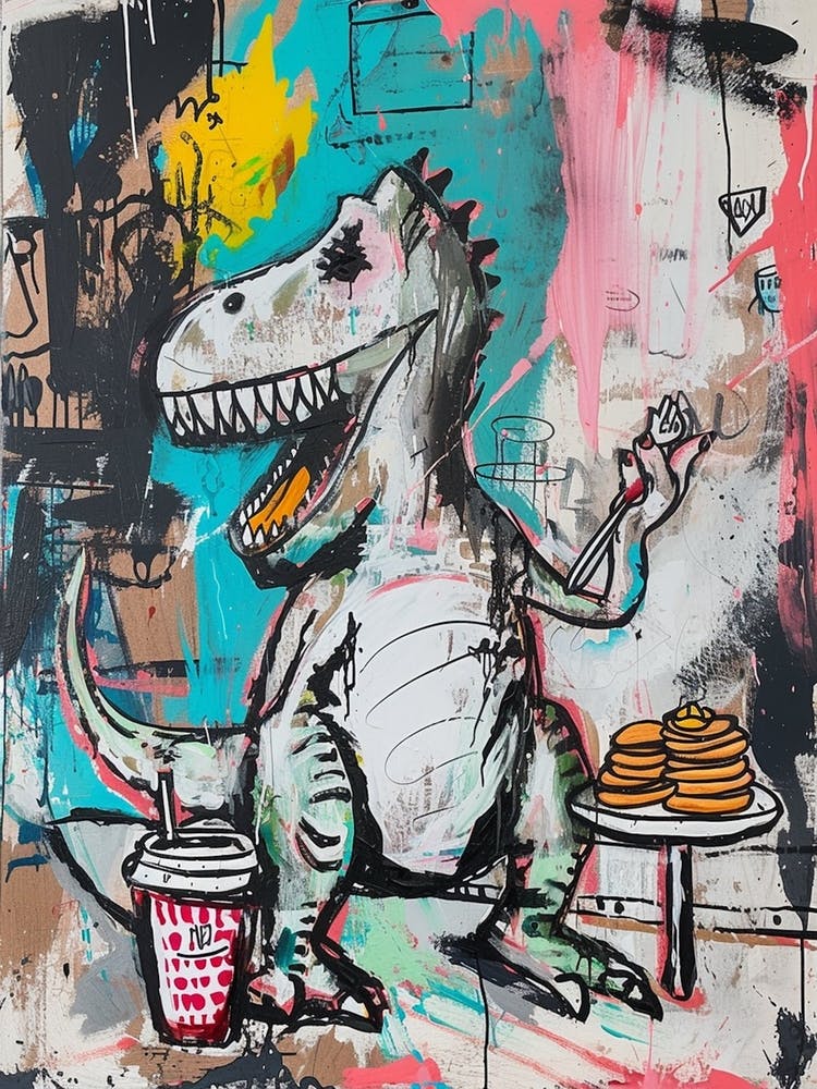Abstract Dinosaur Eating Breakfast In A Cafe Pink Blue Purple 2