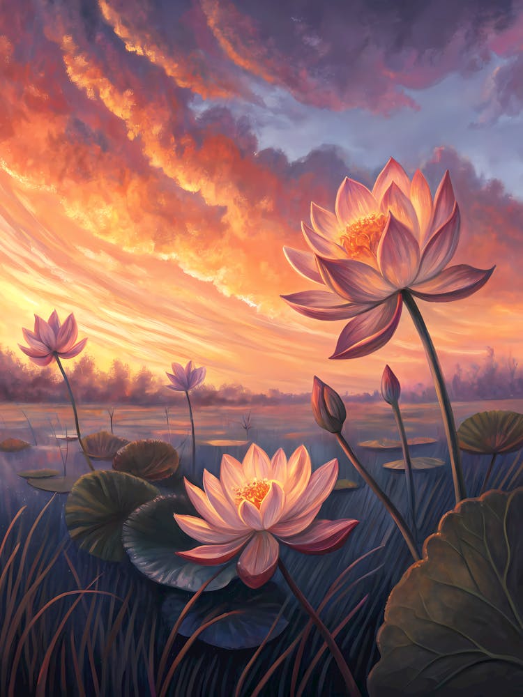 Van Gogh Lotus Pond Vibrant Sunset Sky & Pink Blooms