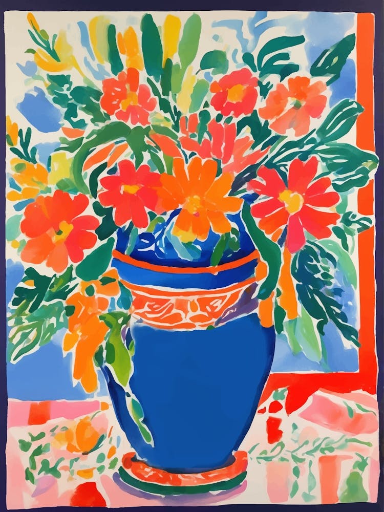 Bouquet de Fleurs Coloré Dans Un Vase Bleu