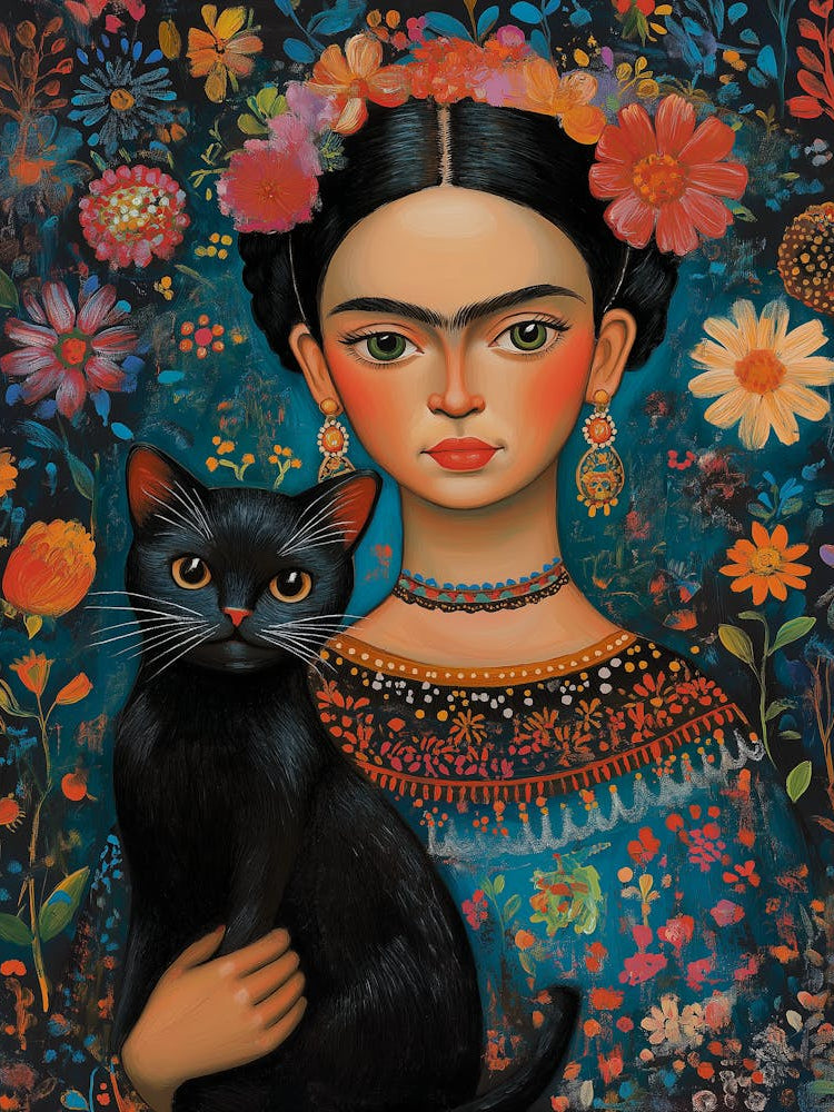 Two Black Cats, Mexican Painting Botanical Floral