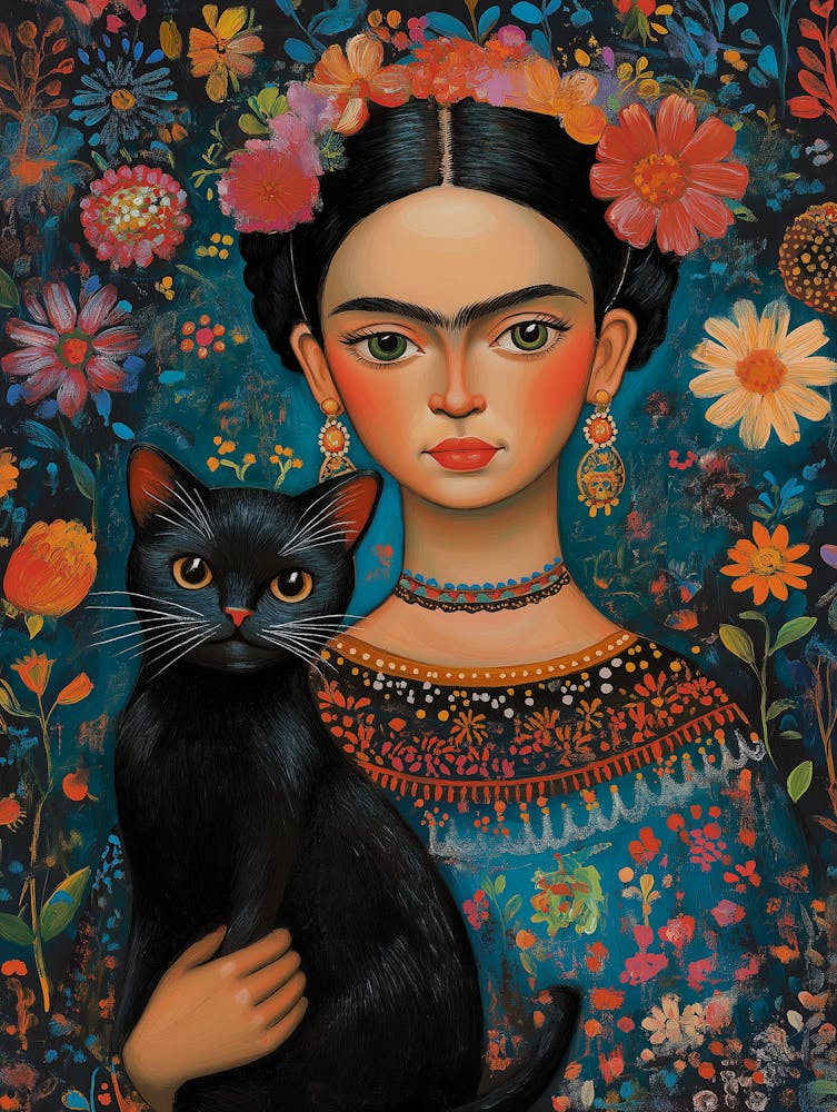 Two Black Cats, Mexican Painting Botanical Floral