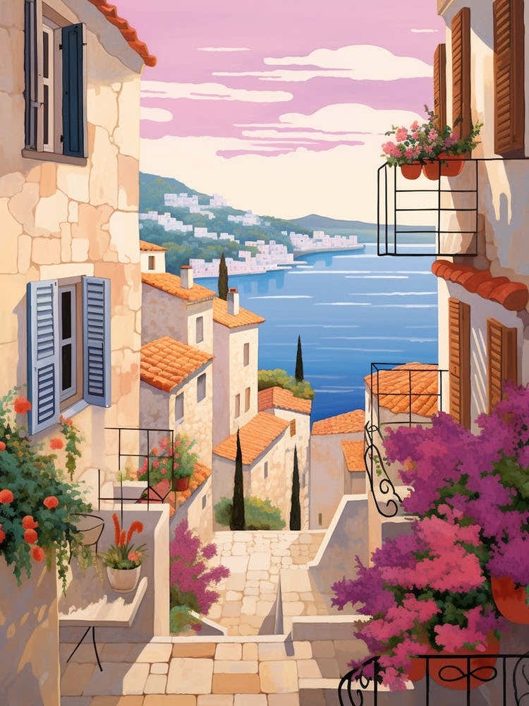 Hvar Croatia 3 Vintage Pink Travel Illustration