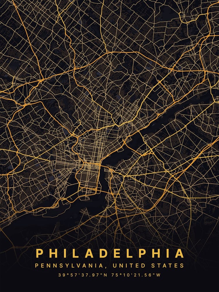 Philadelphia Pennsylvania Usa Black And Gold Map