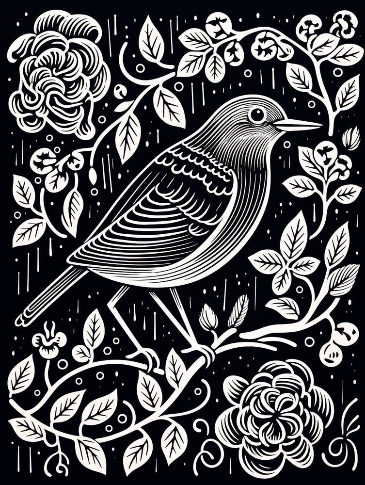 B&W Bird Linocut European Robin 1