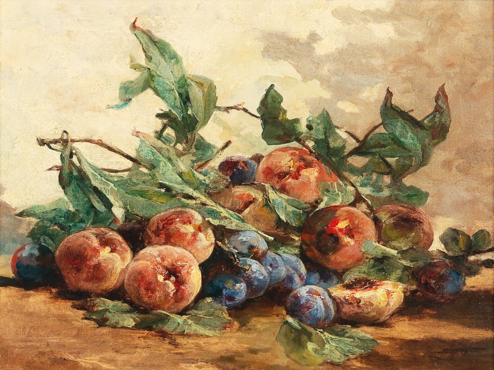 Peach & Plum Still Life Fruit Painting Modern Farmhouse