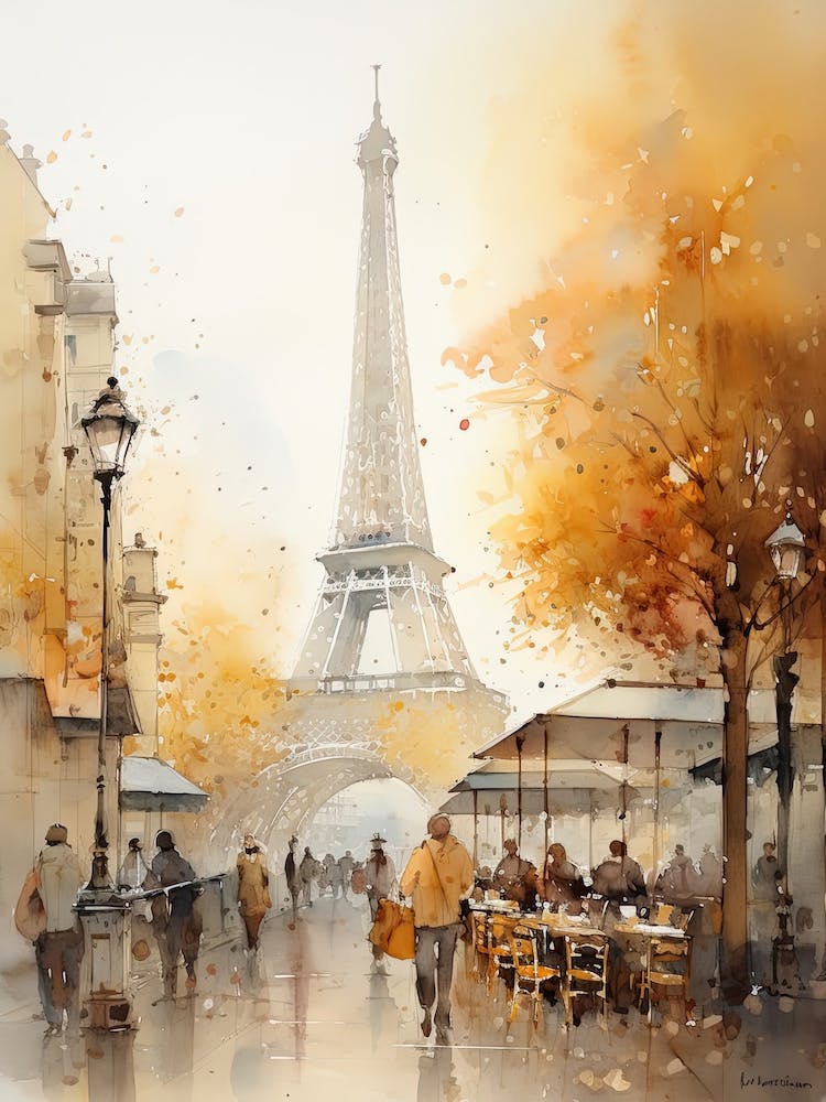 Paris France In Autumn Fall, Watercolour 1