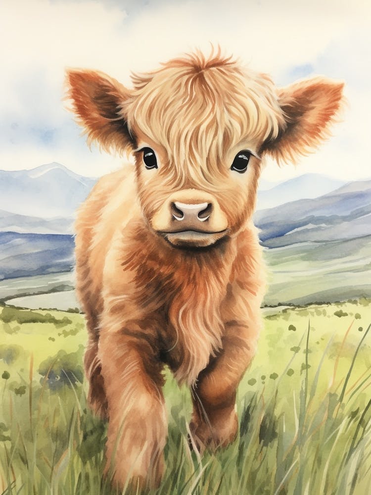 Cute Watercolour Portrait Of Highland Cow Calf 1