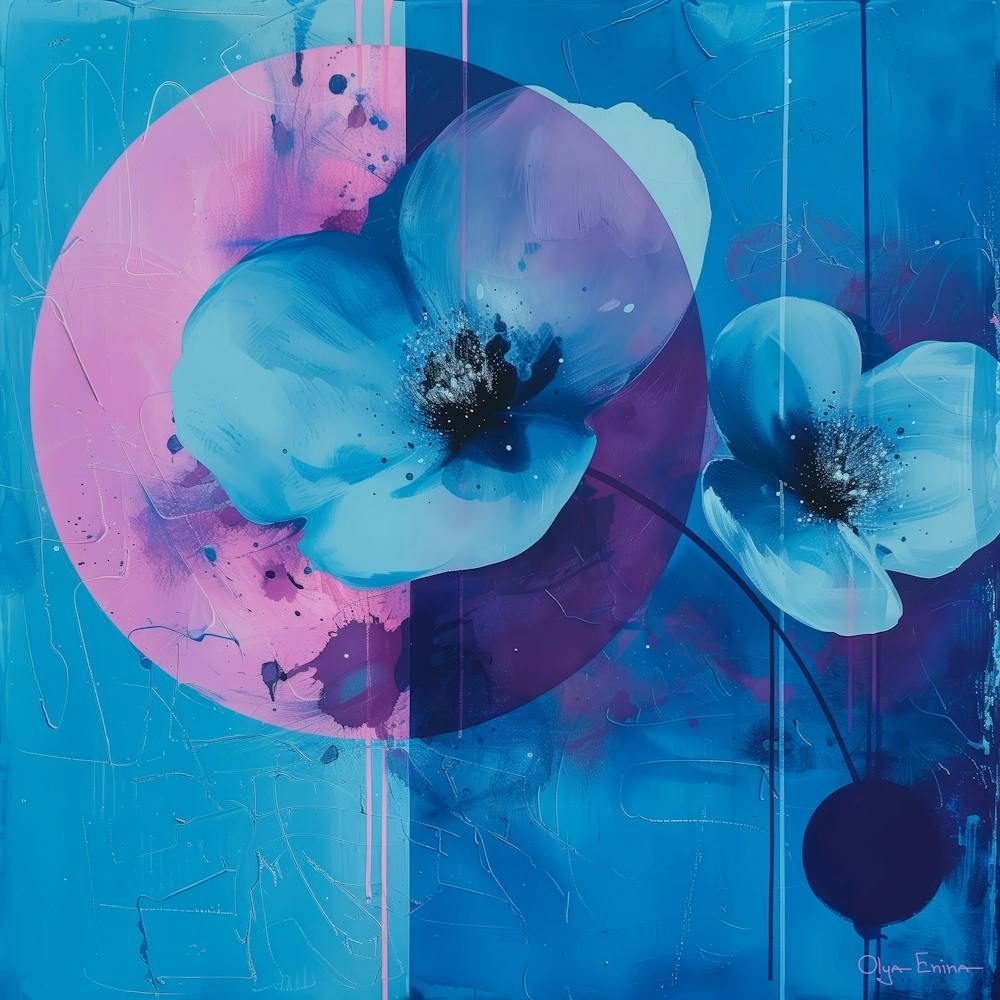 Pink, blue abstract geometrical flowers