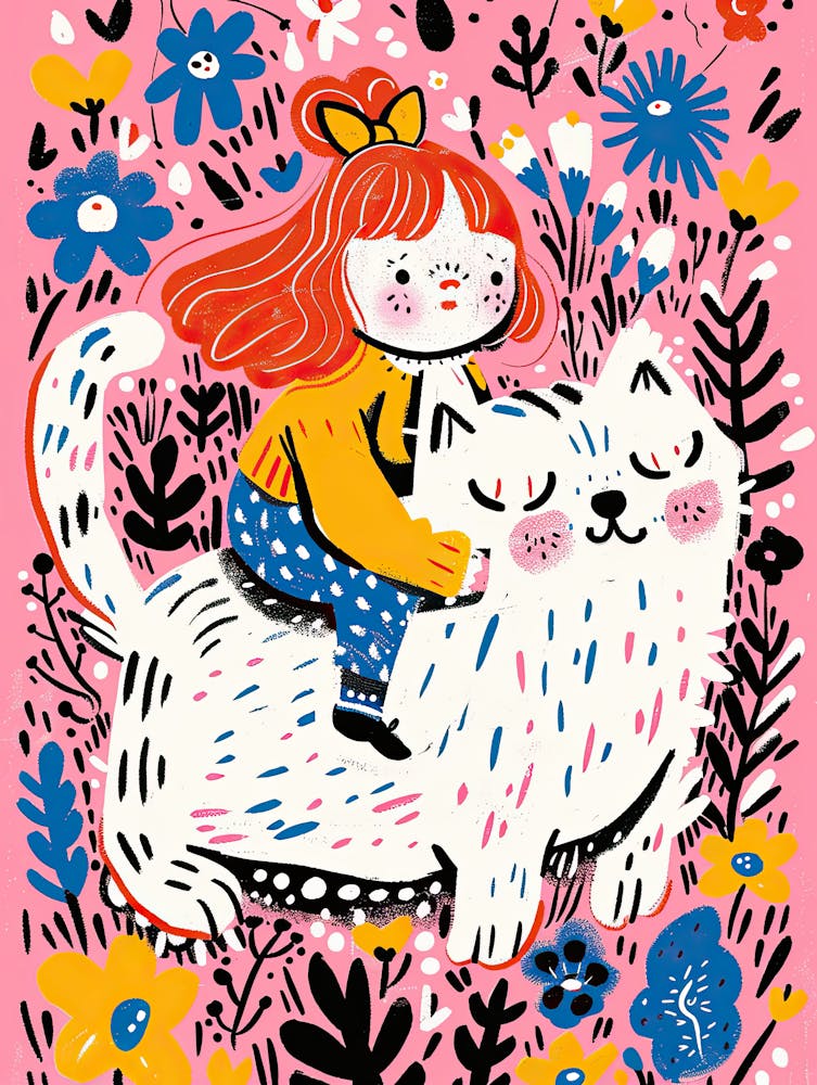 Little Girl Riding A White Cat |Children's prints & kids posters