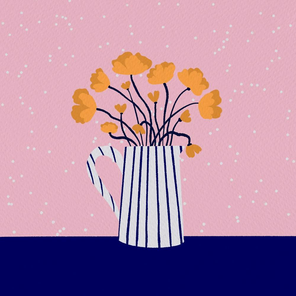 Yellow poppies - pink and blue