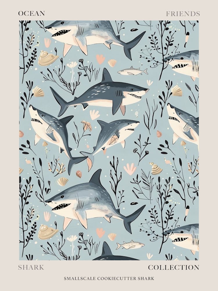 Pastel Blue Smallscale Cookiecutter Shark Watercolour Seascape Pattern 2 Poster