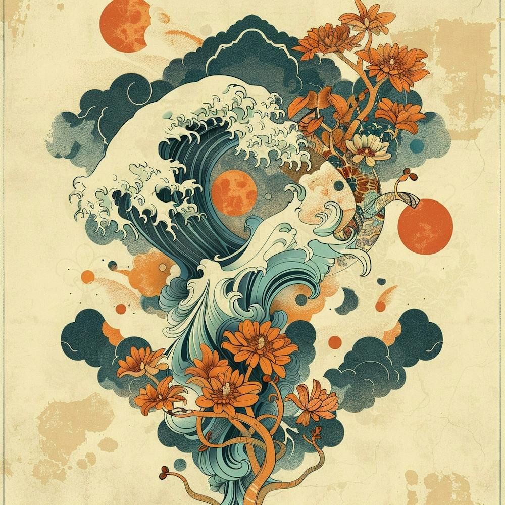 Japanese Wave Design with Flowers