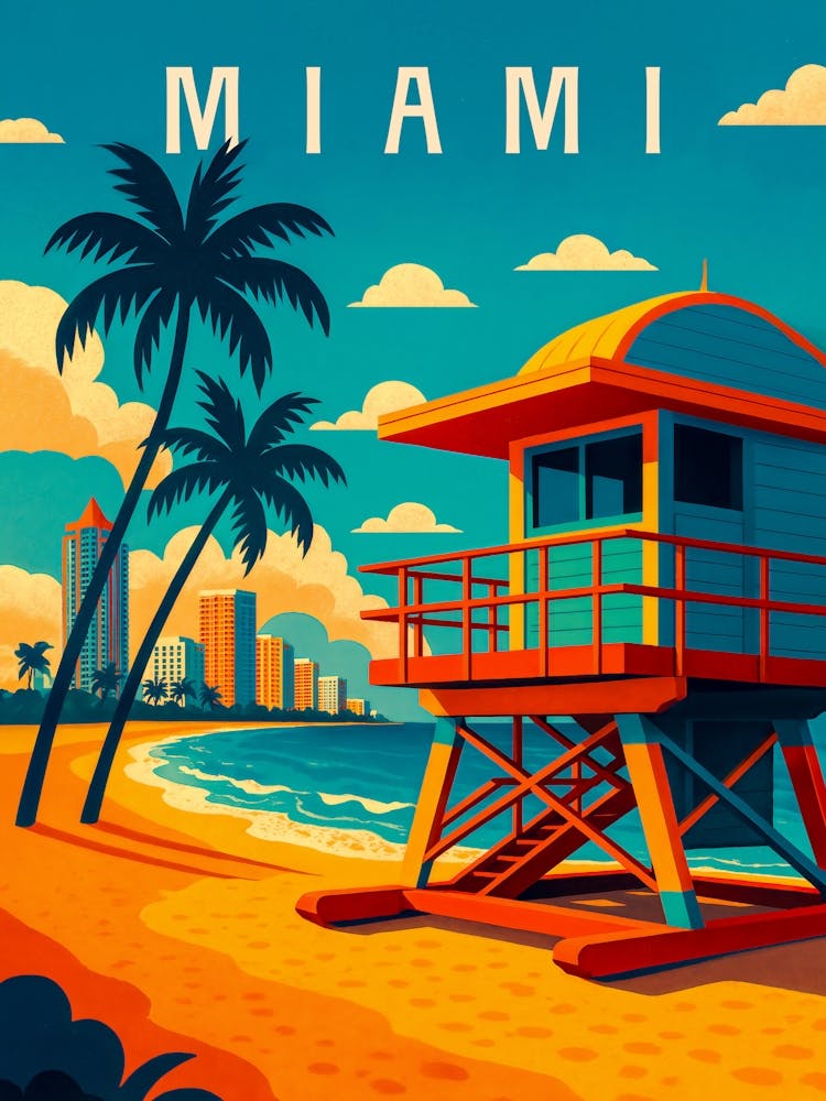 Miami Travel Poster – Beach, Palm Trees & Ocean Breeze: A vibrant coastal city full of color – this Miami travel poster shows palm-lined beaches, ocean waves, and skyline sunsets. Ideal for lovers of summer, surf, and tropical city flair.