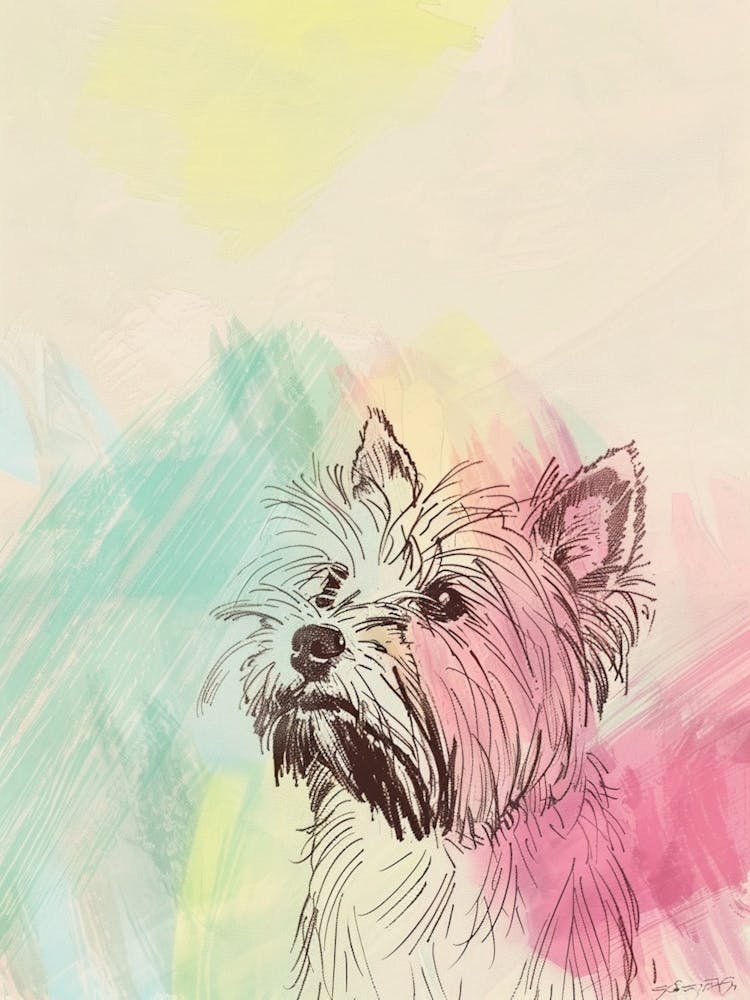 Yorkshire Terrier Dog Pastel Line Watercolour Illustration  2