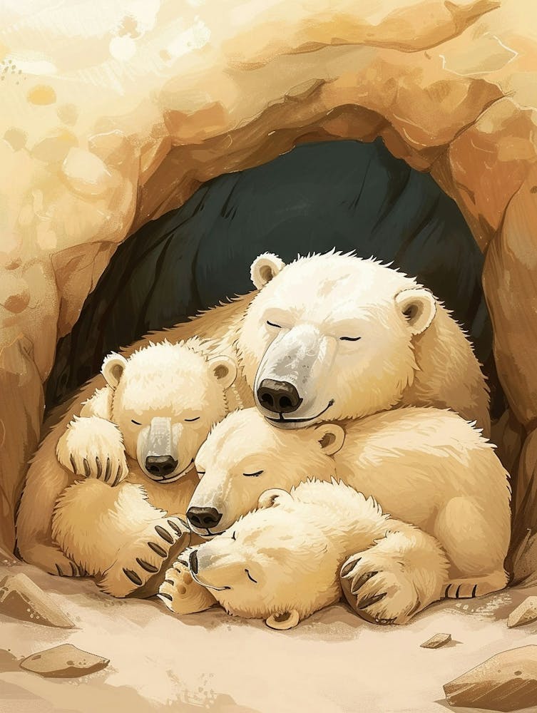 Polar Bear Family Sleeping In A Cave Storybook Illustration 3