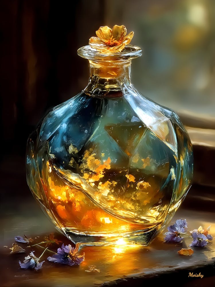 Golden Garden Lights, Magical Perfume Bottle Art, at dawn