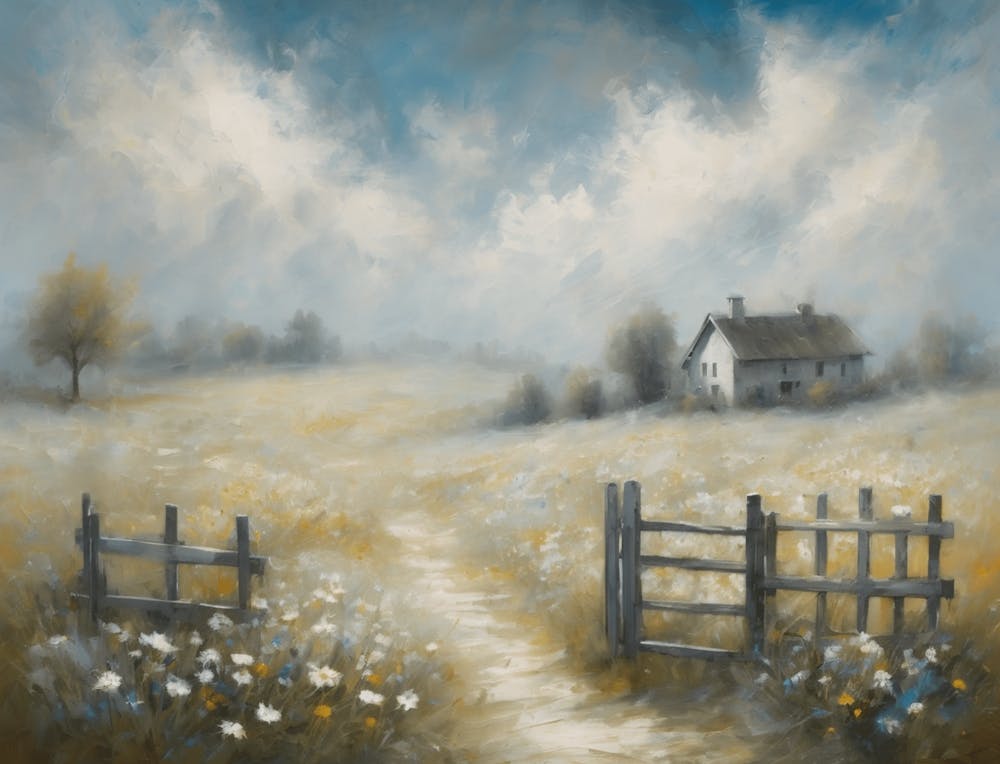 Impression Ferme de Campagne Rustique Tons Neutres | Art Campagnard | Œuvre Prairie Fleurs Sauvages Blanc Crème | Paysage Maison de Campagne Fanée et Champs en HD