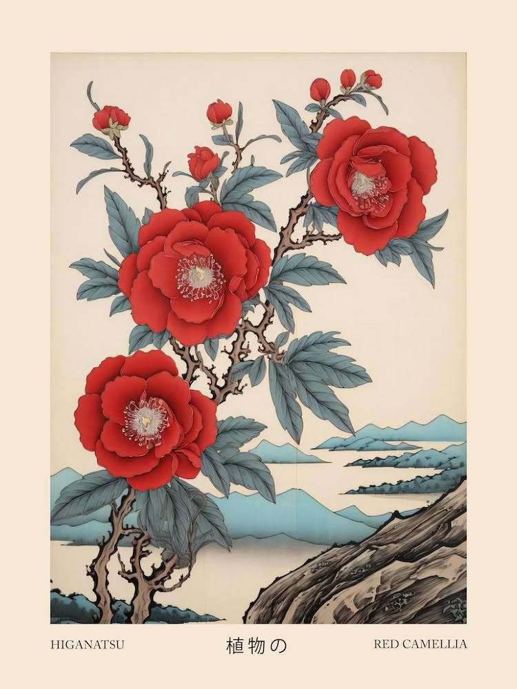 Higanatsu Red Camellia 3 Vintage Japanese Botanical Poster