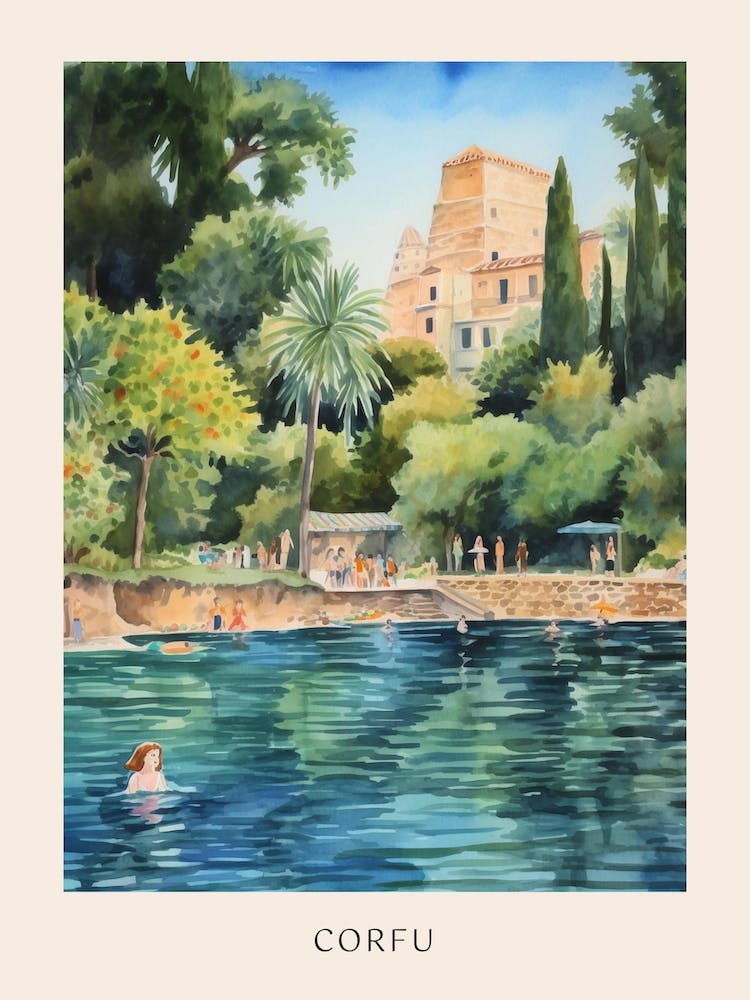 Baignade à Corfou Grèce Affiche Aquarelle