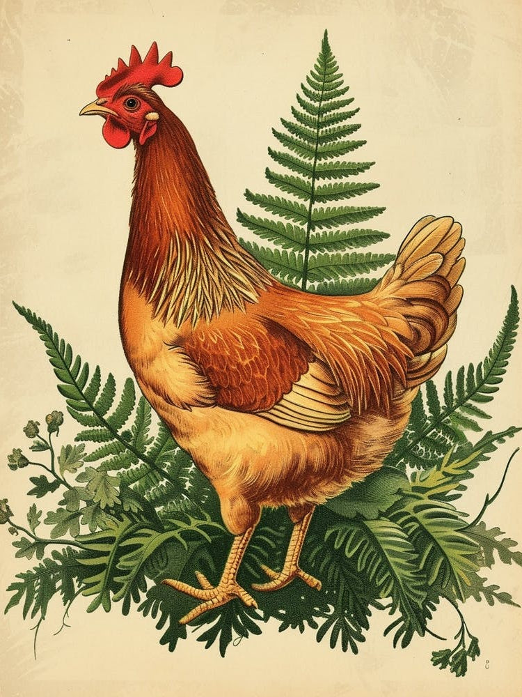 Vintage Illustration Hen And Chicken Fern 4