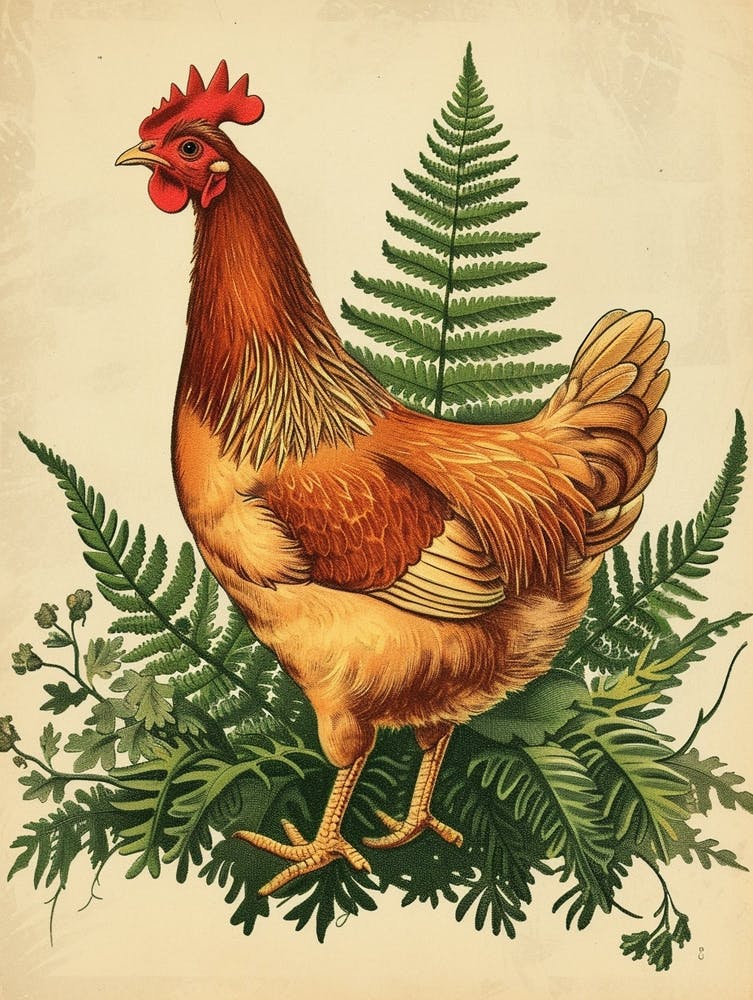 Vintage Illustration Hen And Chicken Fern 4