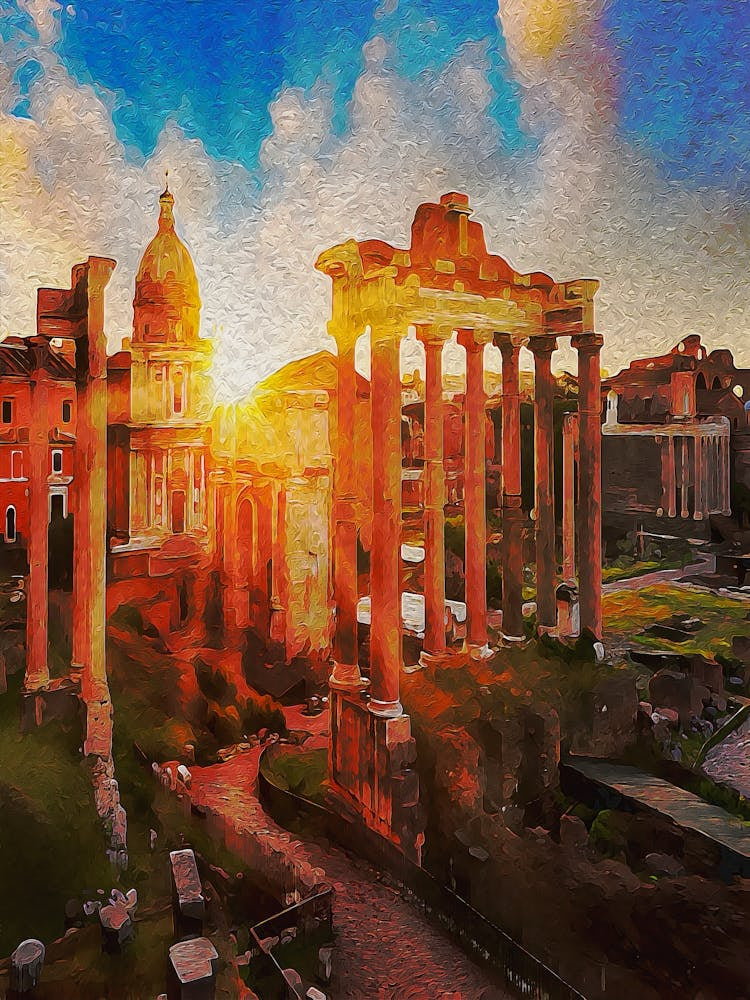 Temple Of Vespasian And Titus And Church Of Santi Luca E Martina At Forum Romanum, Rome, Lazio, Italy