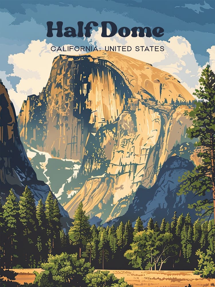 Half Dome Yosemite California Vintage Digital Travel Illustration