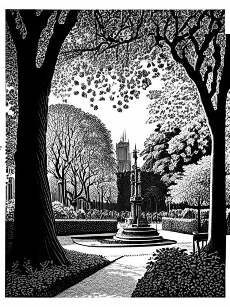 Luxembourg Gardens, 1, France Linocut Black And White Vintage