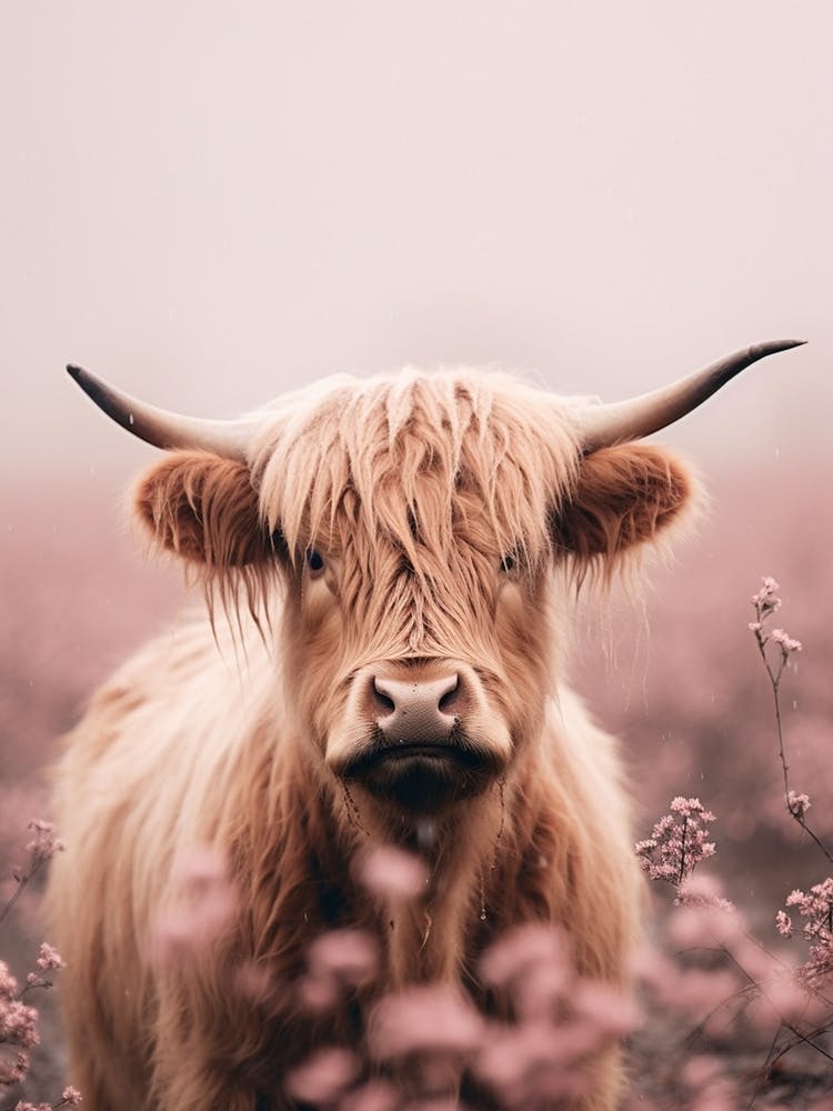 Pink Photography Style Of Highland Cow In The Rain 3