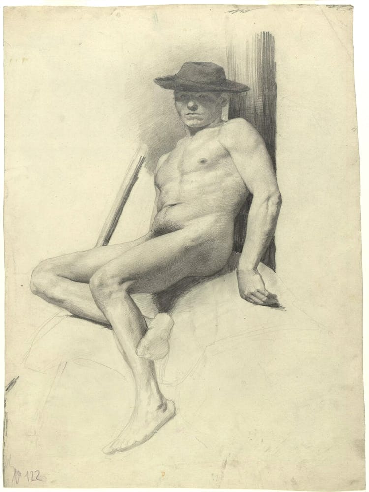 Seated Male Nude With Hat, Gustav Klimt