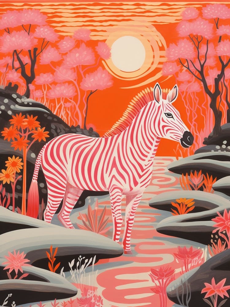 Zebra In The River At Sunset Orange & Pink