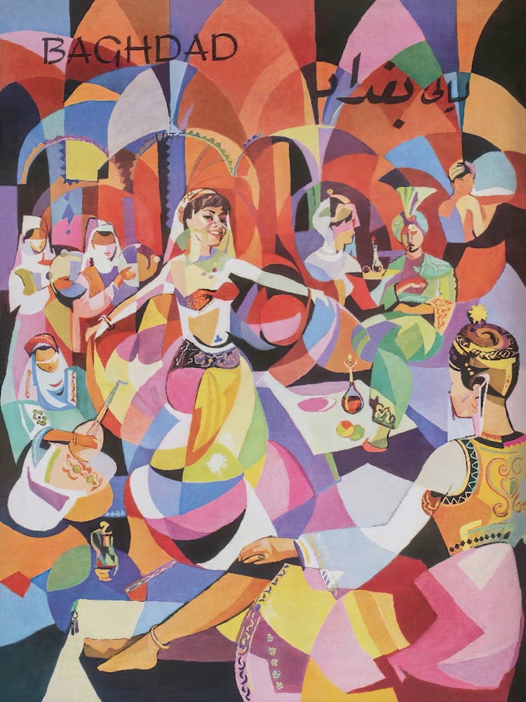 Baghdad, Belly Dancer, Vintage Travel Poster, Colorful Abstract Art