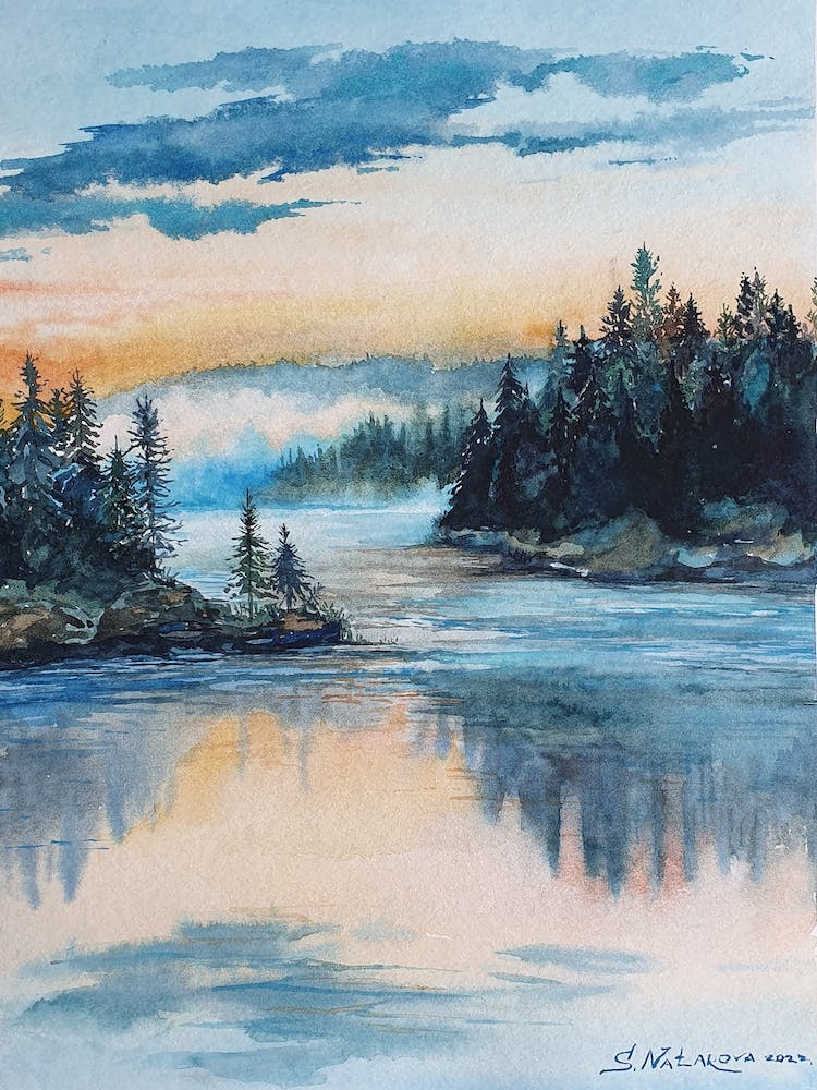 Watercolor Landscape Forest Lake