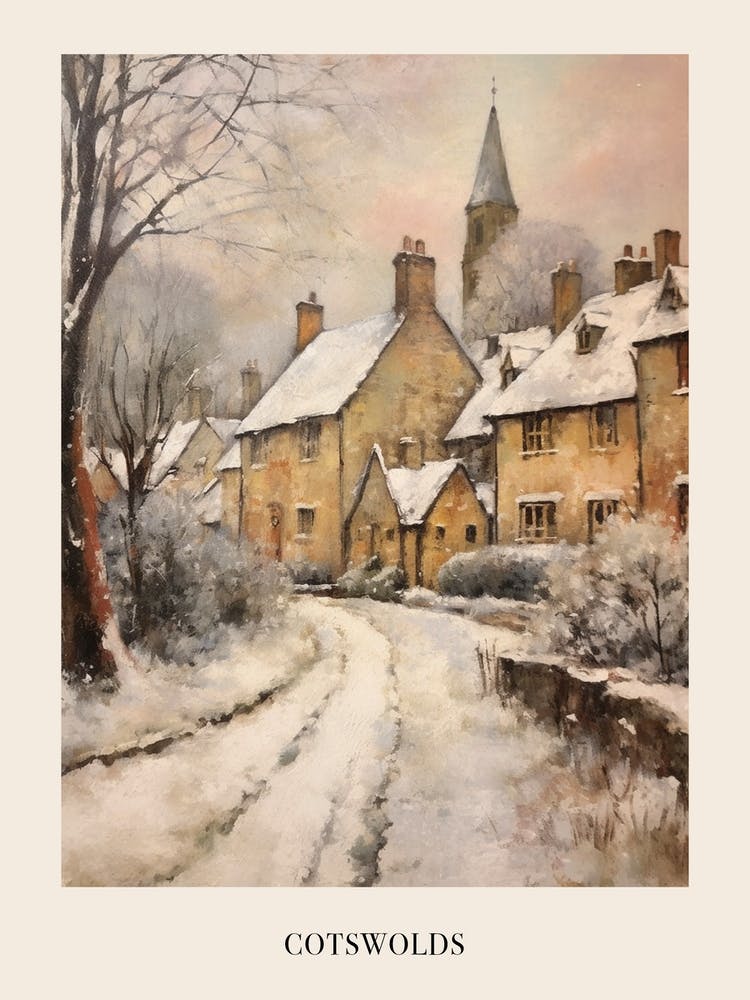 Vintage Winter Painting Poster Cotswolds United Kingdom 1