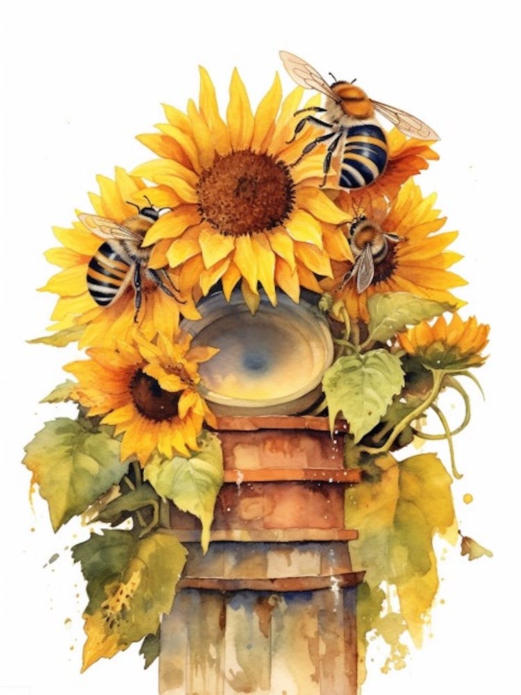 Sunflower Bee Beehive Watercolour Illustration 1