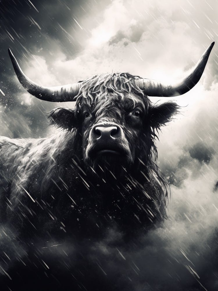 Black & White Illustration Of Highland Cow In The Rain