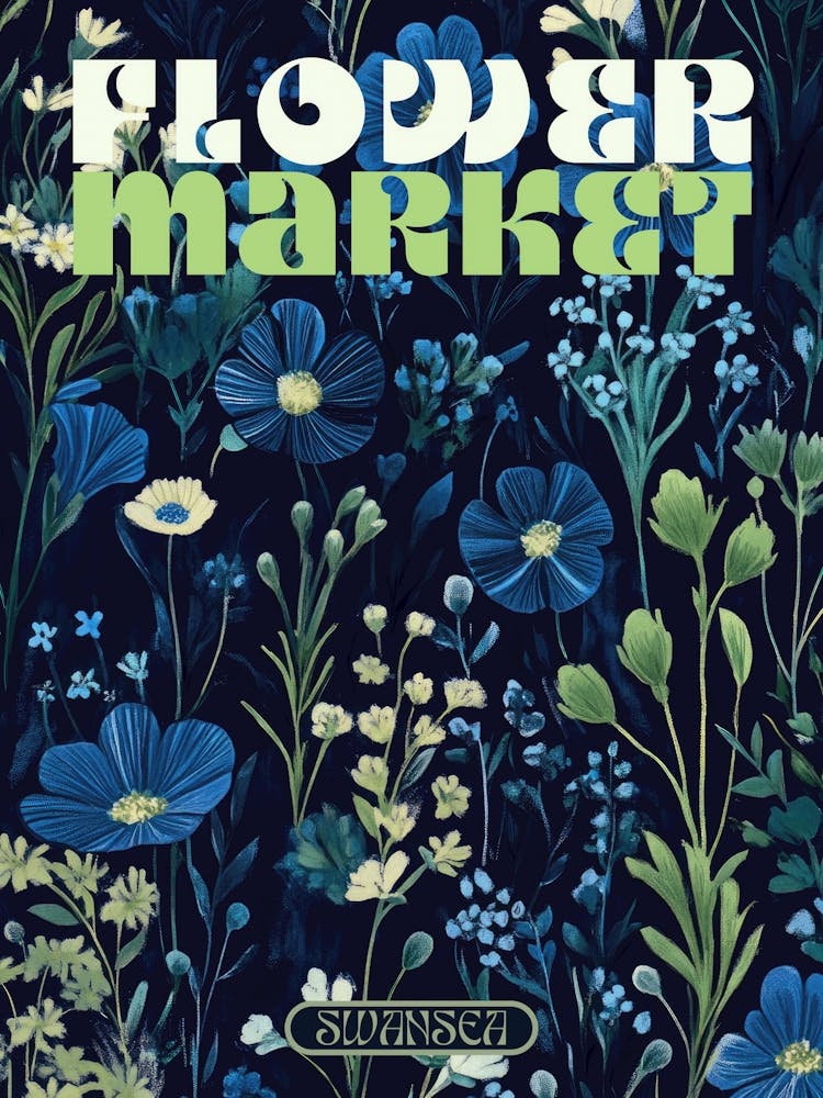 Swansea city print flower market poster in dark blues, retro aesthetic floral illustration with 70s style typography, vintage travel prints perfect for eclectic living rooms, bedrooms, kitchens, entryways