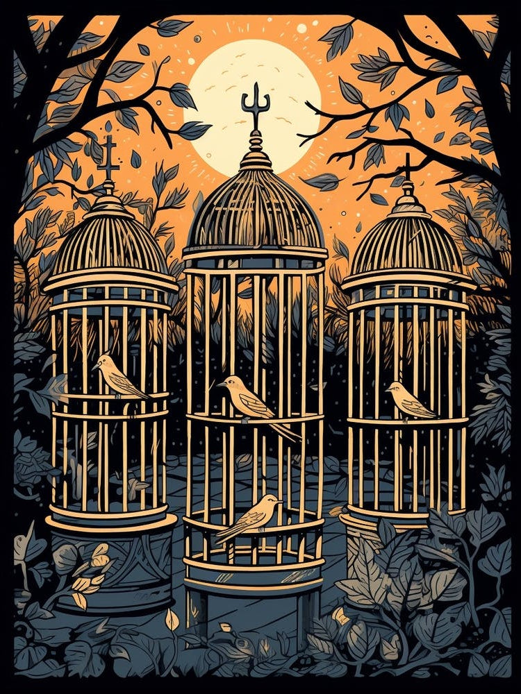 Bird Cage Linocut 3