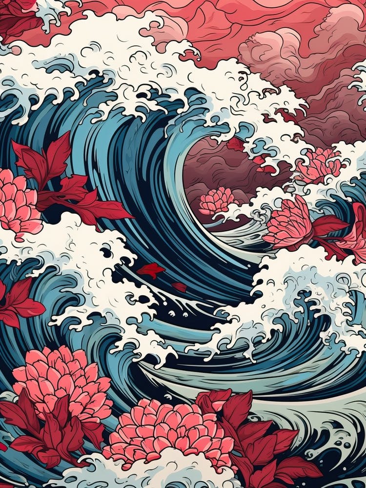 Great Wave Mit Lotusblumen-Zeichnung Im Stil von Ukiyo E 4