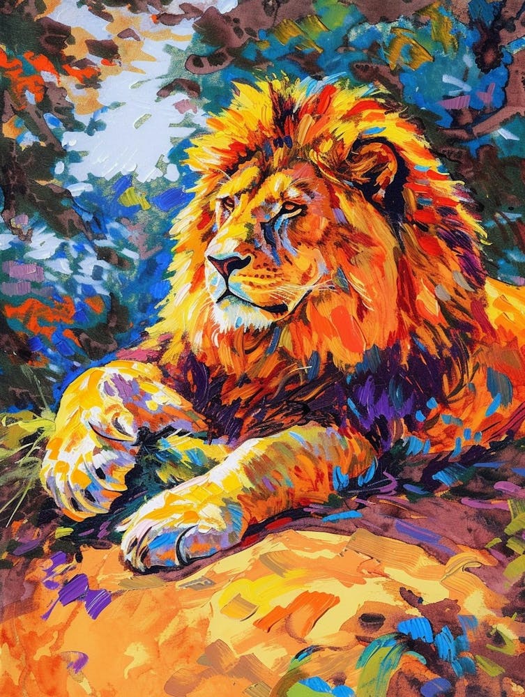 Lion d'Asie se Reposant au Soleil Peinture Fauviste 3