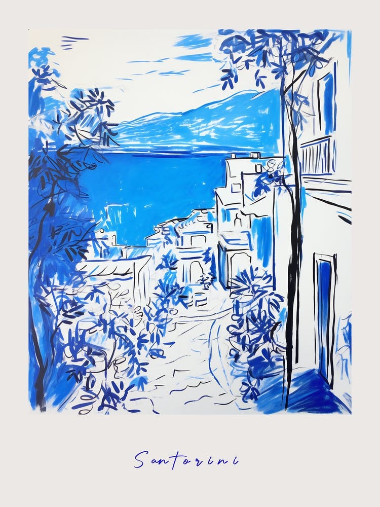 Santorini Greece Mediterranean Blue Drawing Poster