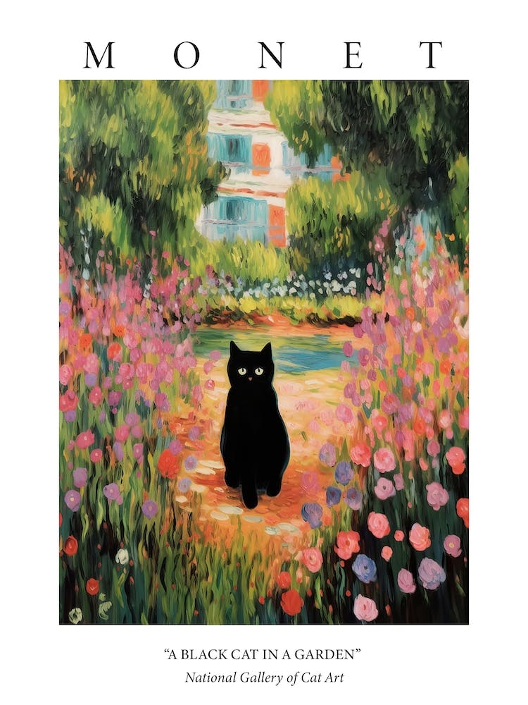Monet Style Garden With A Black Cat 1 Poster